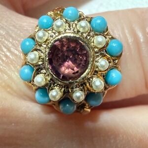 Vintage Ring Gold Tone Adjustable Amethyst Turquoise Pearl Accents